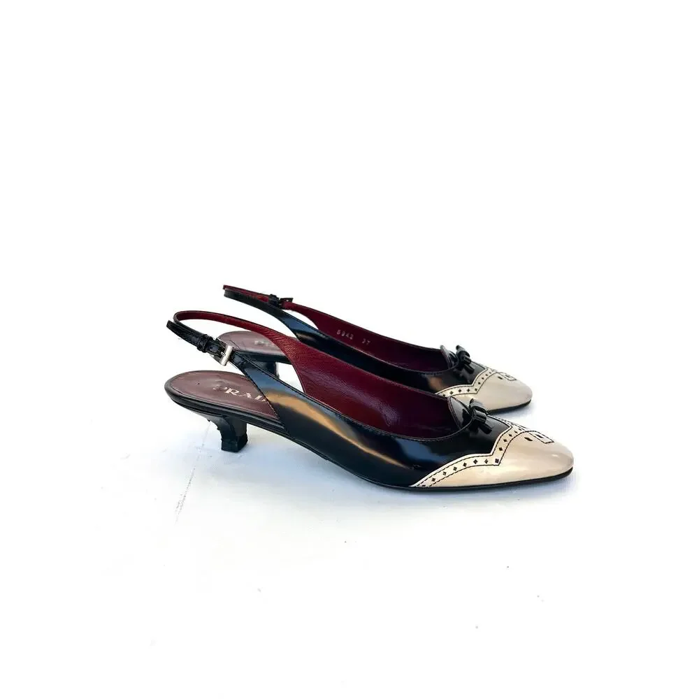 Vintage Prada Kitten Heels Slingbacks Low Sandals Tan Black 37 7 Bow Preppy